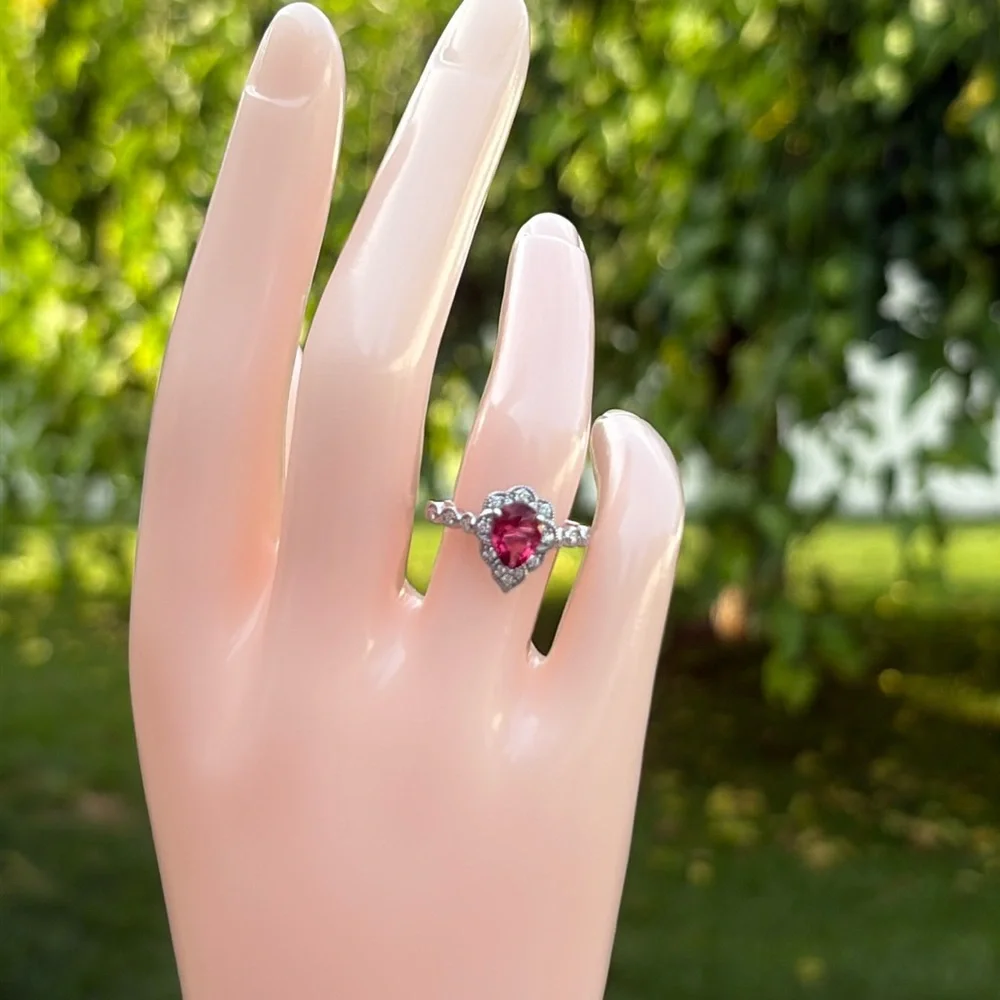 Pear Cut 1.25 tcw Genuine Ruby & Diamond Ring Sterling Silver Size 7 - Picture 6 of 14